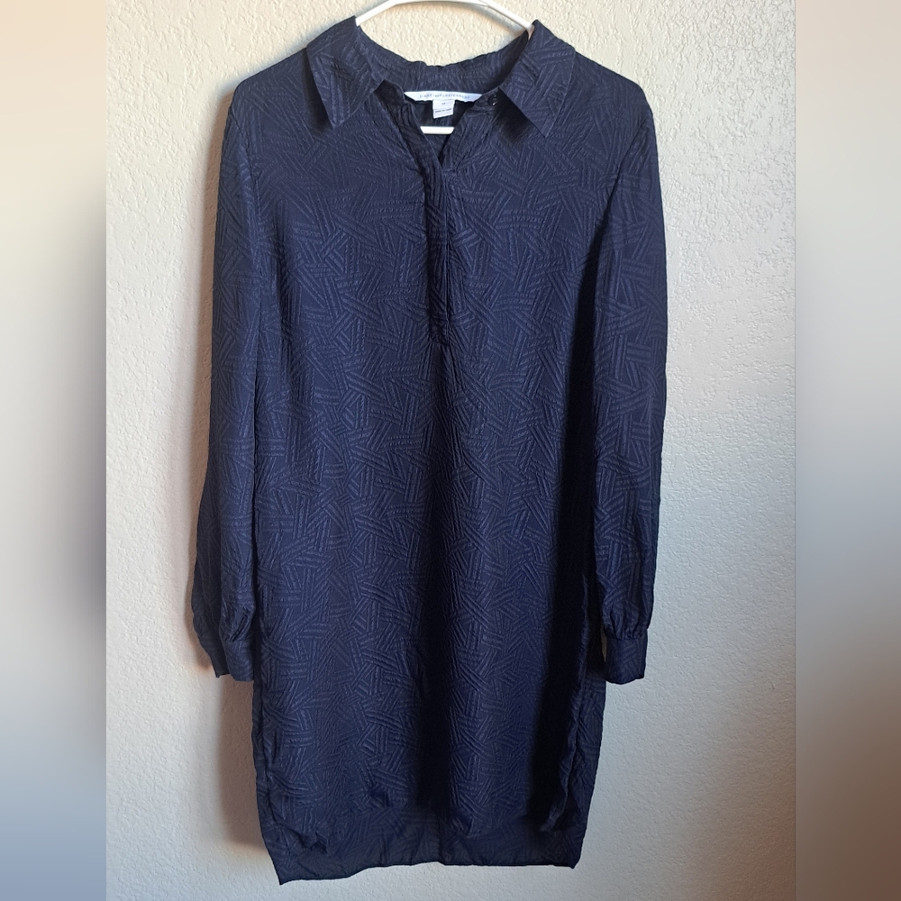 Diane Von Furstenberg Blue Textured Geometric Silk Longsleeve Shirt Dress 10